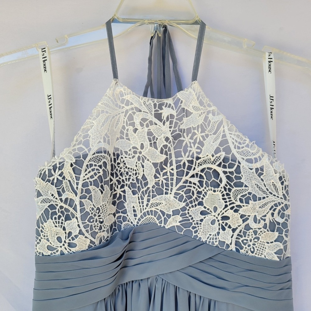 J J House Jr. Bridesmaid Dress A-line Halter Floor-Length Chiffon Lace Dusty Blu - Picture 4 of 8